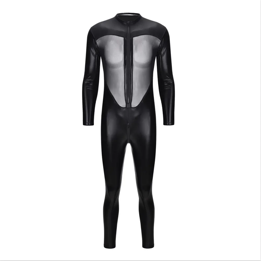 Sexy Mens Mesh Leather Lingerie Jumpsuits Erotic Body Wear Night Club Wear for Men Front and Back Transparent Tight Bodysuit