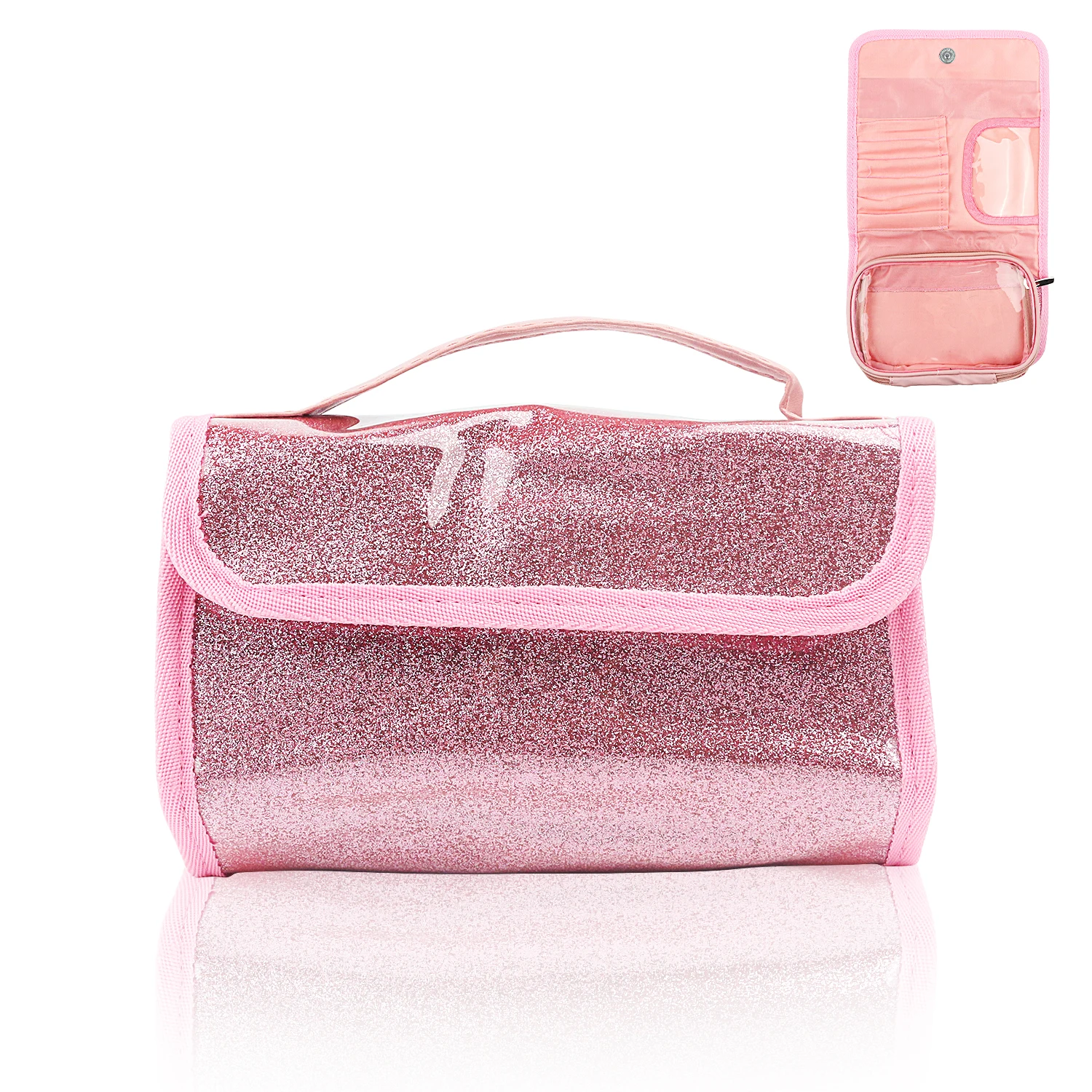 Portable makeup bag with waterproof snap closure for hanging, suitable for home or travel carrying storage bag