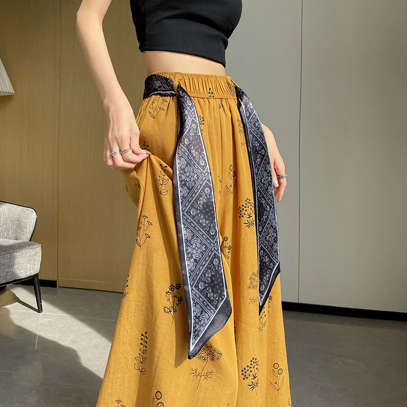 

Ice Silk Cotton Linen Printed Trousers Women Wide Leg Pants for Women 2025 Summer High Waist Loose Straight Casual Cropped Pants