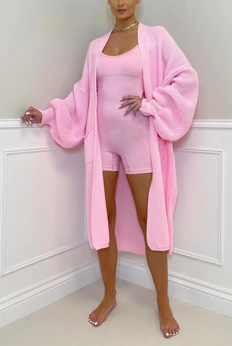 Women’s Oversized Knitted Coat Balloon Sleeves Longline Cardigan Solid Colors