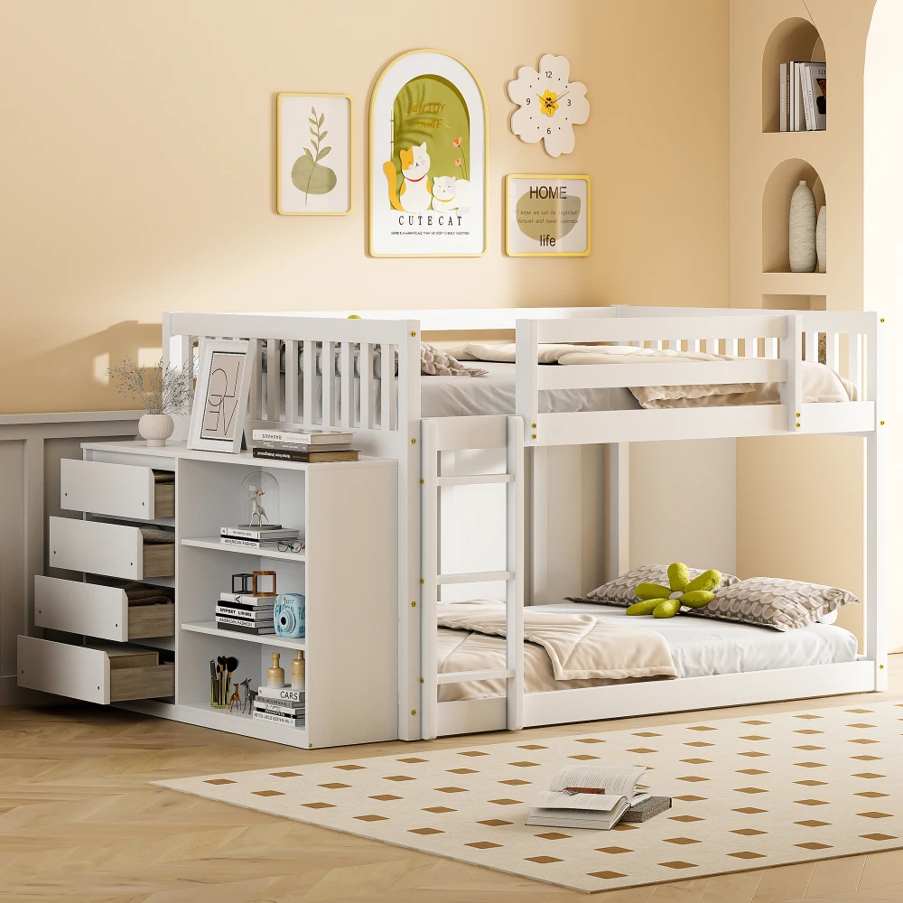 

Kids Bunk Bed with 4 Drawers and 3 Shelves, Full Over Full Wood Bunk Bed with Storage for Girls Boys, White