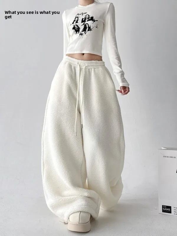 

Thickened Fleece Lamb Velvet Winter New Style Casual Loose Warm Sports Pants High Waist Wide Leg Pants for Ladies