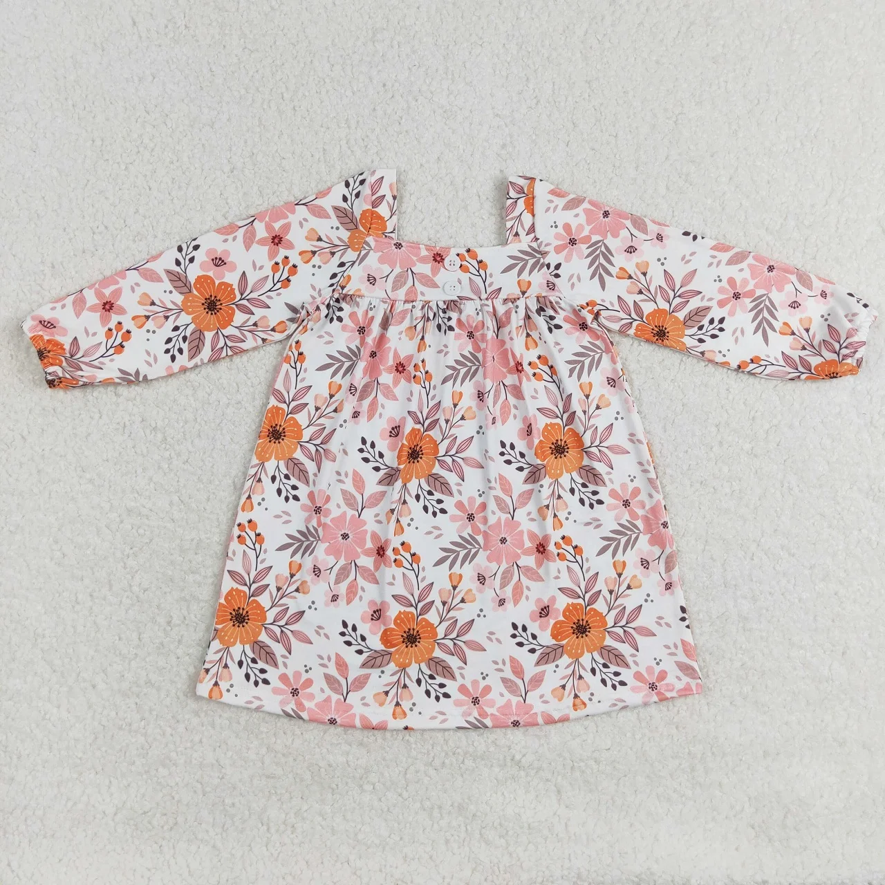 Wholesale Children Long Sleeves Kids Orange Pink Flower Dress Baby Girl Infant Toddler Spring Fall Floral Knee Length One Piece