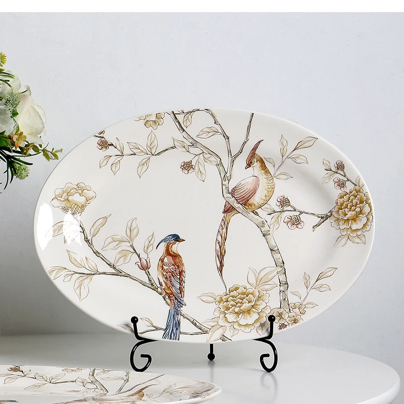 

овальные 14-дюймовые обеденные тарелки под глазурью, украшенные керамическими цветами