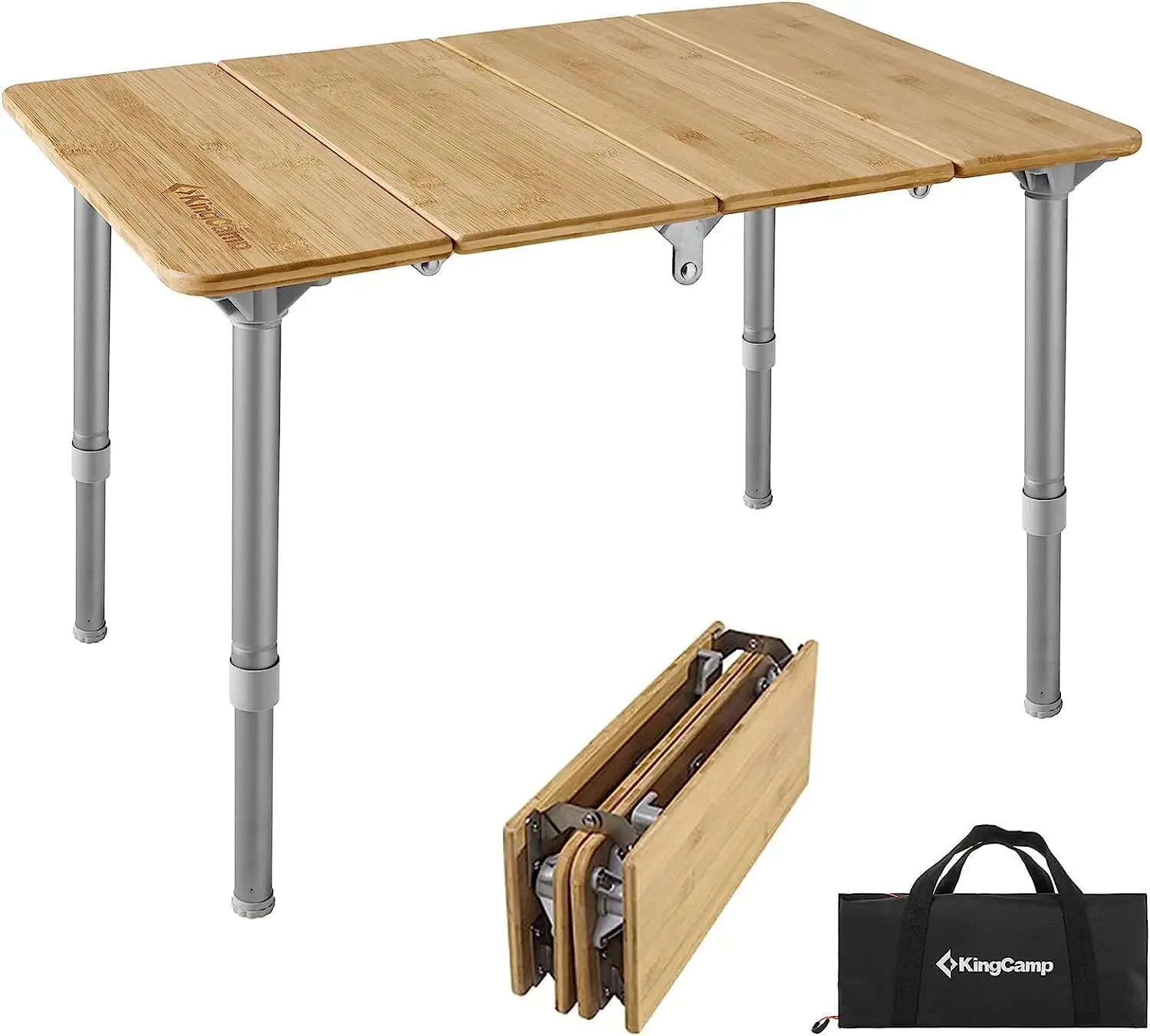 Bamboo Folding Table Lightweight Camping Table with Adjustable Height Aluminum Legs 4-Fold Compact Small Portable Camp Tables fo