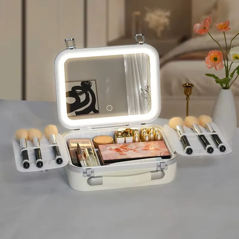 Portable Aluminum Travel Makeup Box Cosmetic Storage Case with LED Mirror & Detachable Partition for Cosmetics Makeup Brushes