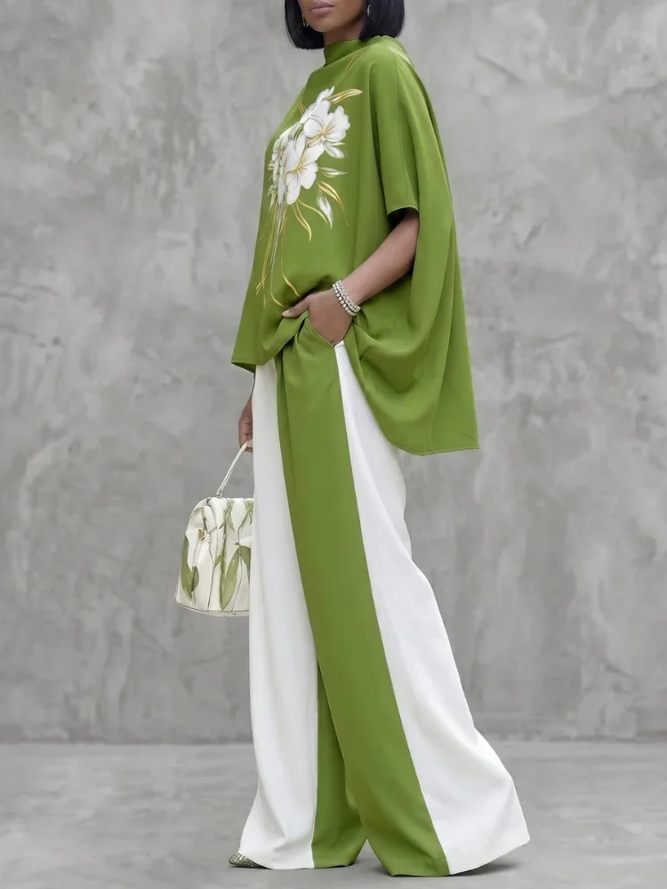 UOOZEE Women's Trendy White Green Contrast Color Wide Leg Matching Pants 2026 New Elastic Waist Casual Palazzo Trousers Bottoms view 5