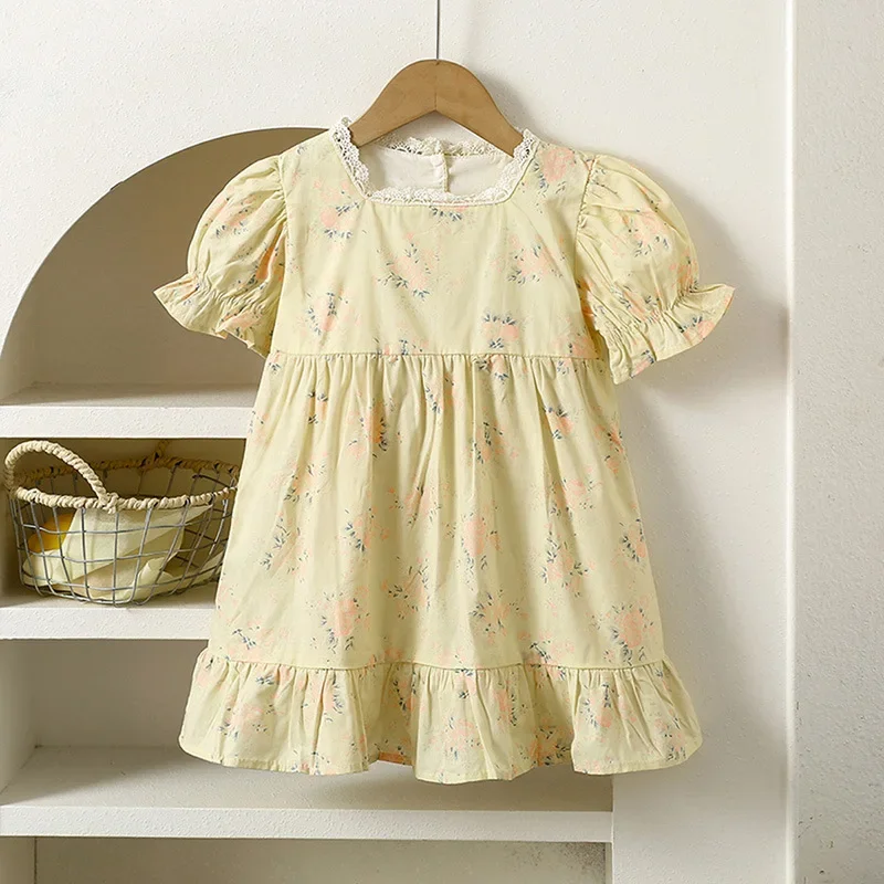 Girls Skirt 2026 Spring Summer New Childrens Clothing Girls Baby Lace Broken Flowers Short-sleeved Princess Skirt Casual Sweet