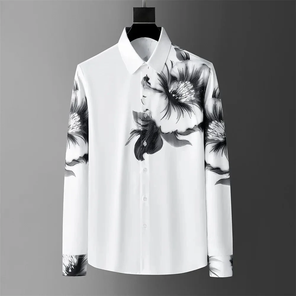 Men's Simple Retro Black and White Contrasting 3D Printed Long-sleeved Lapel Buttons Outdoor Shopping Fashion Thin Business Casu