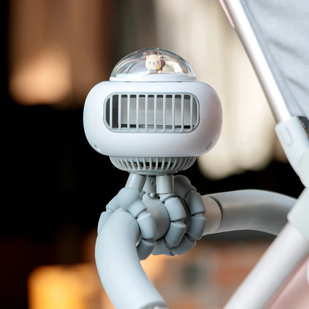 พัดลมรถเข็นเด็กทารกขนาดเล็กน่ารักพับเก็บได้เงียบเครื่องปรับอากาศ USB ชาร์จตั้งโต๊ะพัดลมแบบมือถือกลางแจ้งไร้ใบพัด
