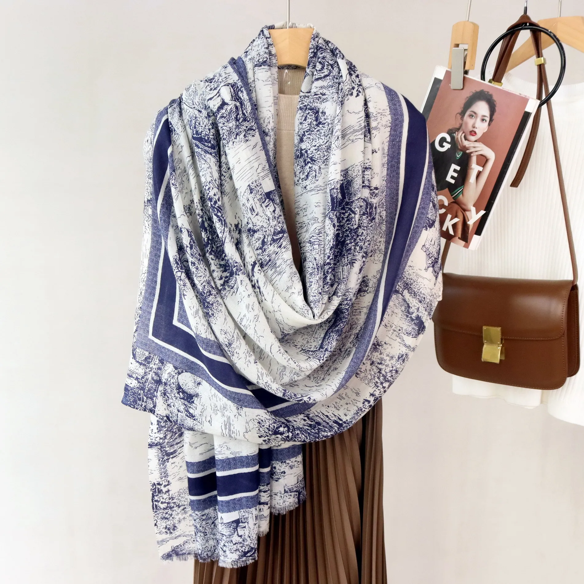 

Высококачественный элегантный женский тонкий классический архитектурный принт, качественный водорастворимый шерстяной теплый мягкий длинный шарф с бахромой ручной работы, шаль