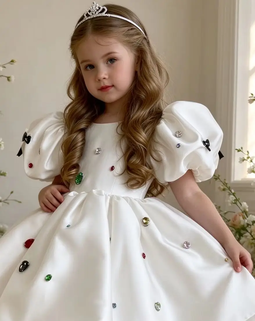 Flower Girl Dresses for Wedding Puff Short Sleeves Beaded Knee Lenght Kids Birthday Party First Communion Ball Gown Custom