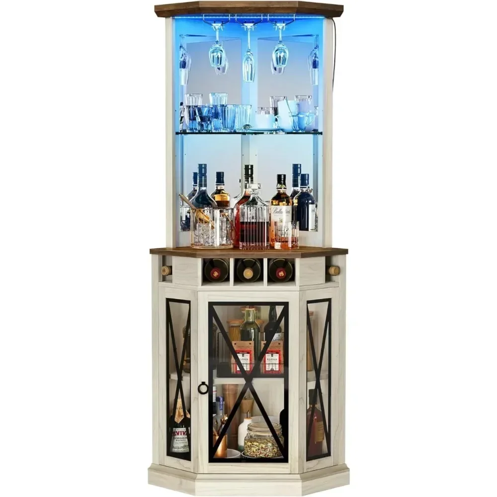 Armário de bar de canto com luzes LED, armário de bar de vinho de fazenda de 72" de altura com porta de vidro de visualização e prateleiras ajustáveis, branco fora