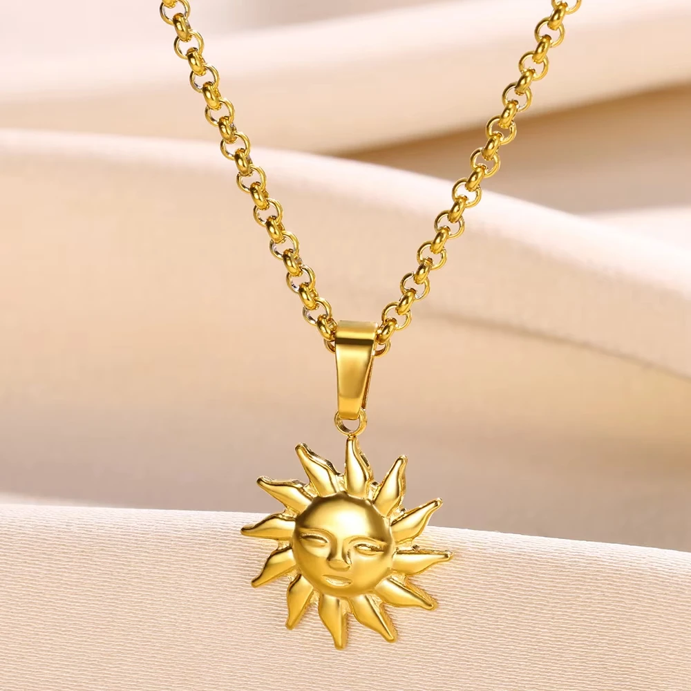 Delicate Sun Pendants Necklace for Women Gold Color Stainless Steel Moon Sunflower Waterproof Necklace Party Jewelry Gift