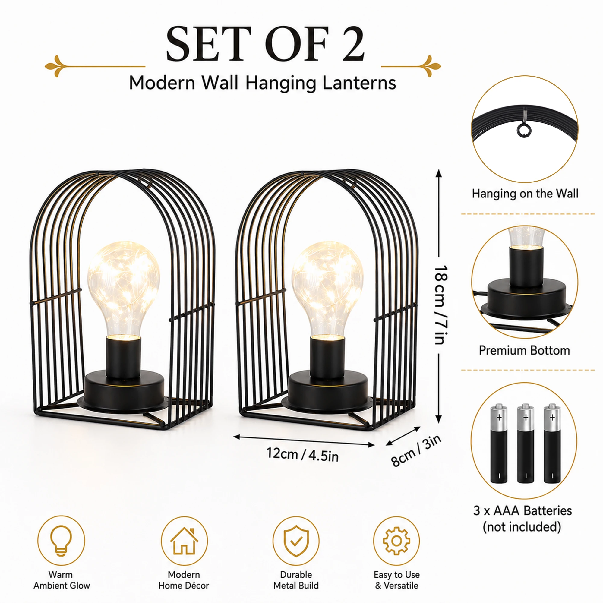 Set of 2 Battery Operated Lamp 7''H Unique Cordless Wall Sconce Metal Wall Mount Lamp with 6-Hour Timer  Fairy Lights