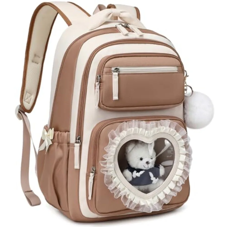 

Girls Backpack for School, 17" Lightweight Water-resistant Elementary/Middle School Bookbag with Clear Heart Pocket, Cute Bowkn