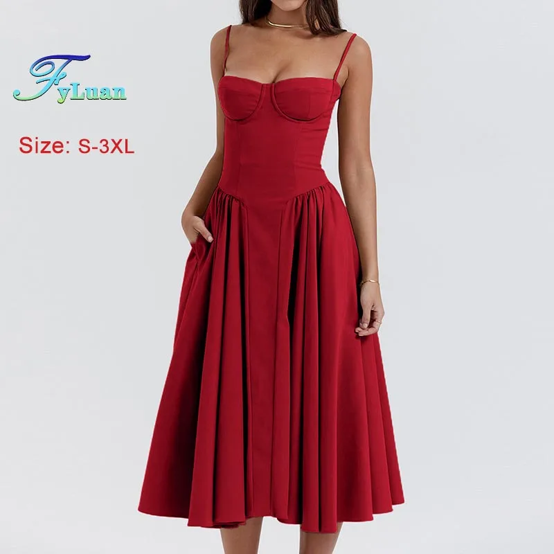 2025 Spring New Women Dress Elegant French Style Suspender Dress Retro High-Waisted Solid Color Long Dress Lady Prom Party Gowns