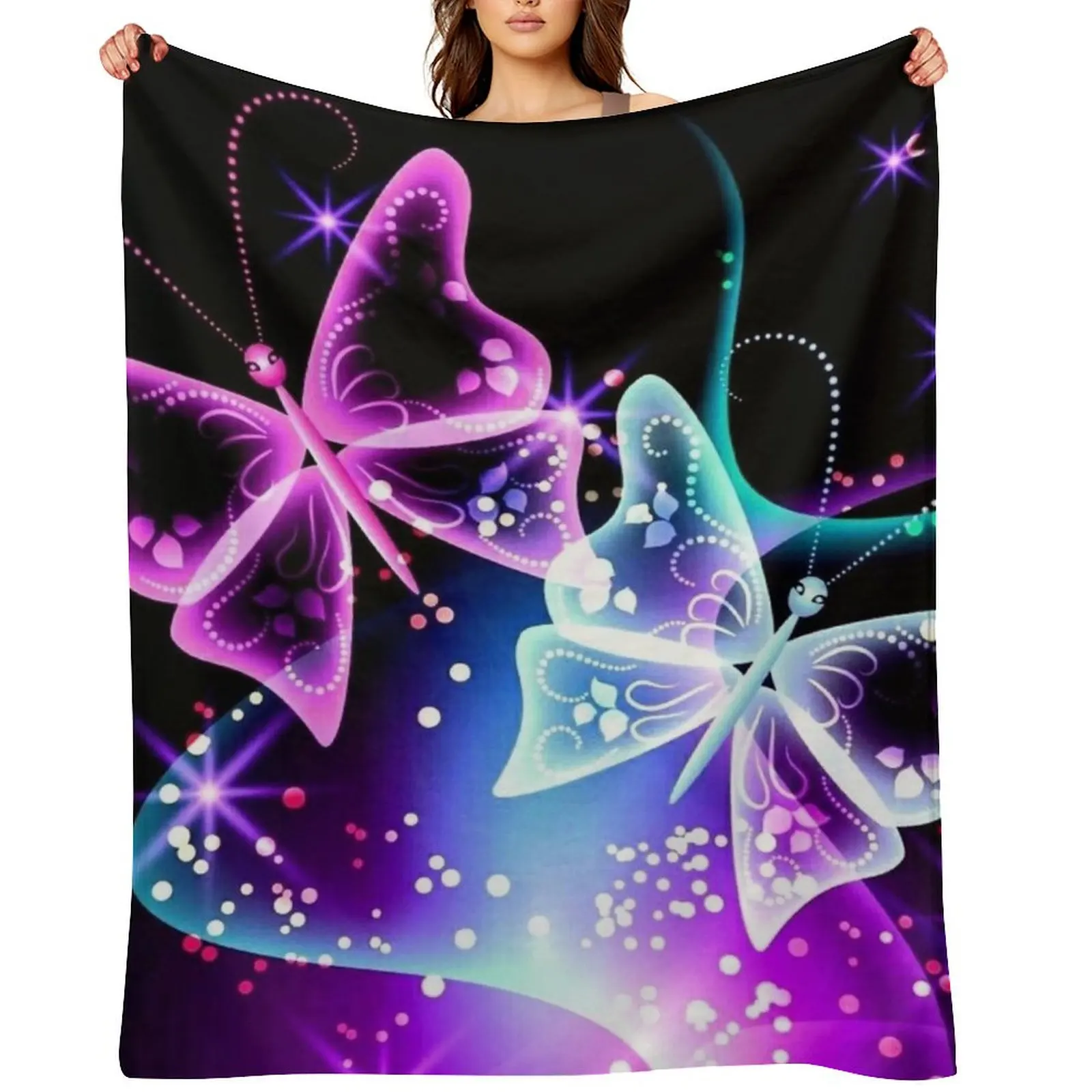 

Glowing Neon Butterflies Throw Blanket Thins Plaid Thermals For Travel Shaggy Blankets