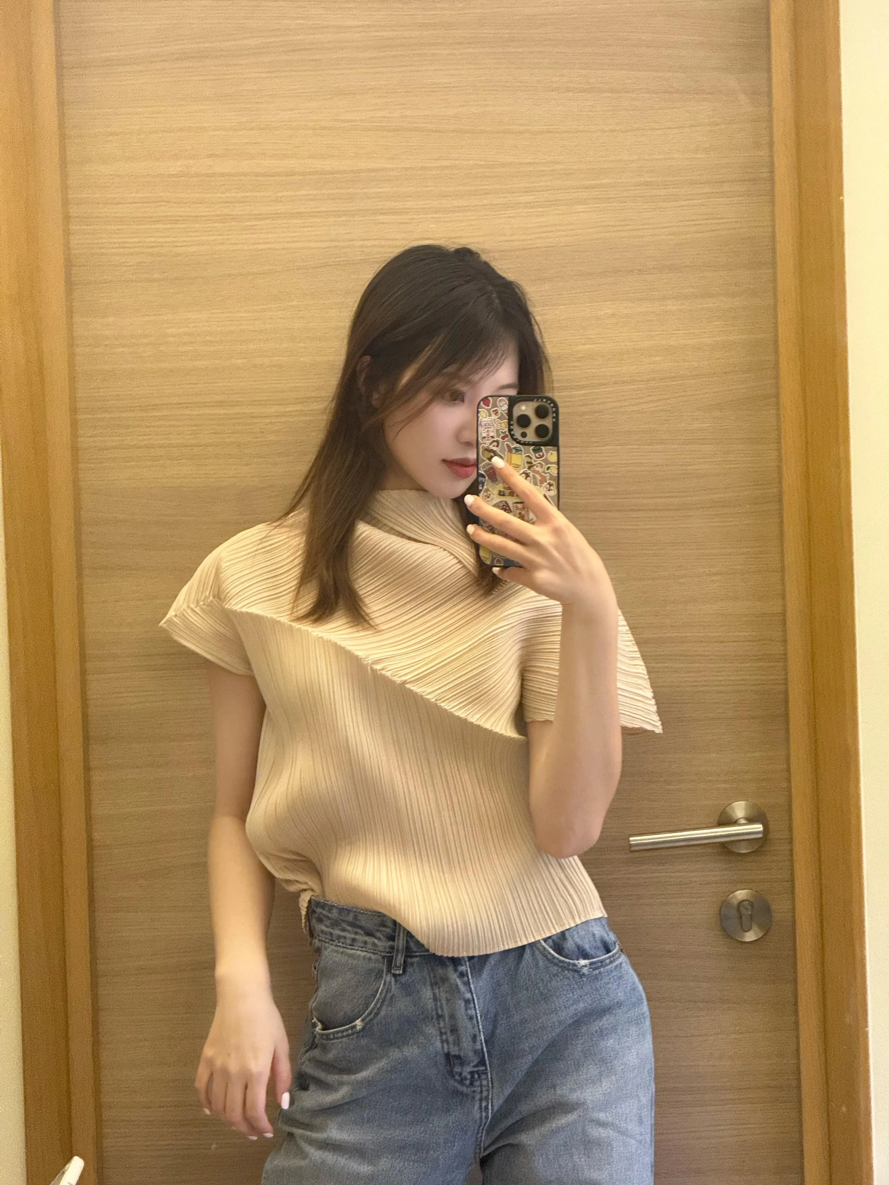 Casual Folded Sleeve T-Shirt Summer Unique Beautiful Loose Fit Design Stand Collar Slimming Short Sleeve Polyester Blend