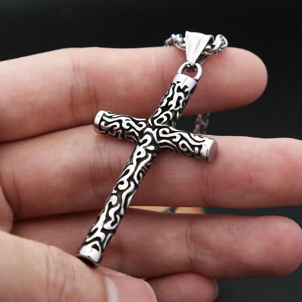 Vintage Engraving Cross Necklace Pendant For Men Women Fashion Punk Simple Stainless Steel Men Cross Pendant Jewelry Wholesale