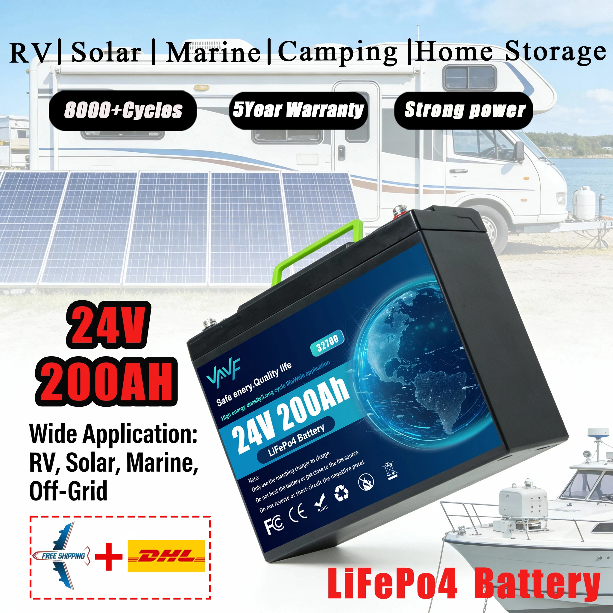

LiFePO4 24 В 200 Ач Встроенный аккумулятор BMS, 8000+ циклов ️ Предназначен для солнечной батареи, кемперов. Лодки и живые помехи с открытой сеткой