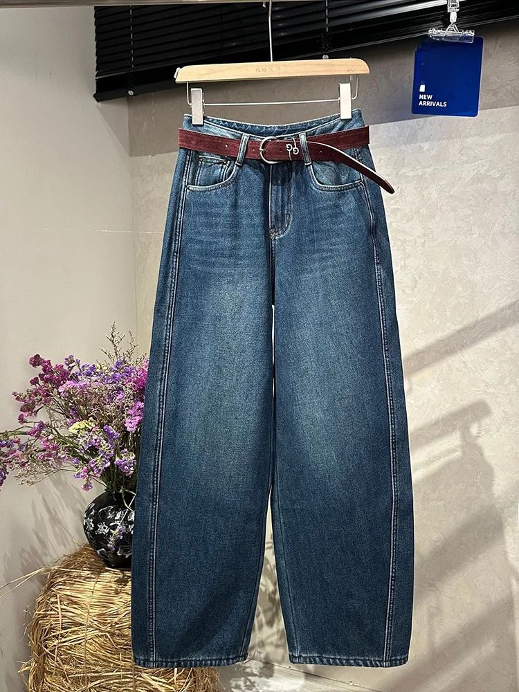 

Новые зимние свободные прямые брюки с высокой талией на подкладке, широкие брюки с красным поясом, модные джинсы с высокой талией, широкие брюки