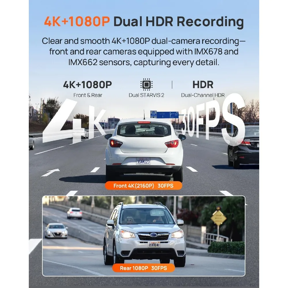 4K Cam Front and Rear Loop Recording Voice Control 24H Parking Mode GPS AI Motion Detection 4G LTE Remote Access Camera