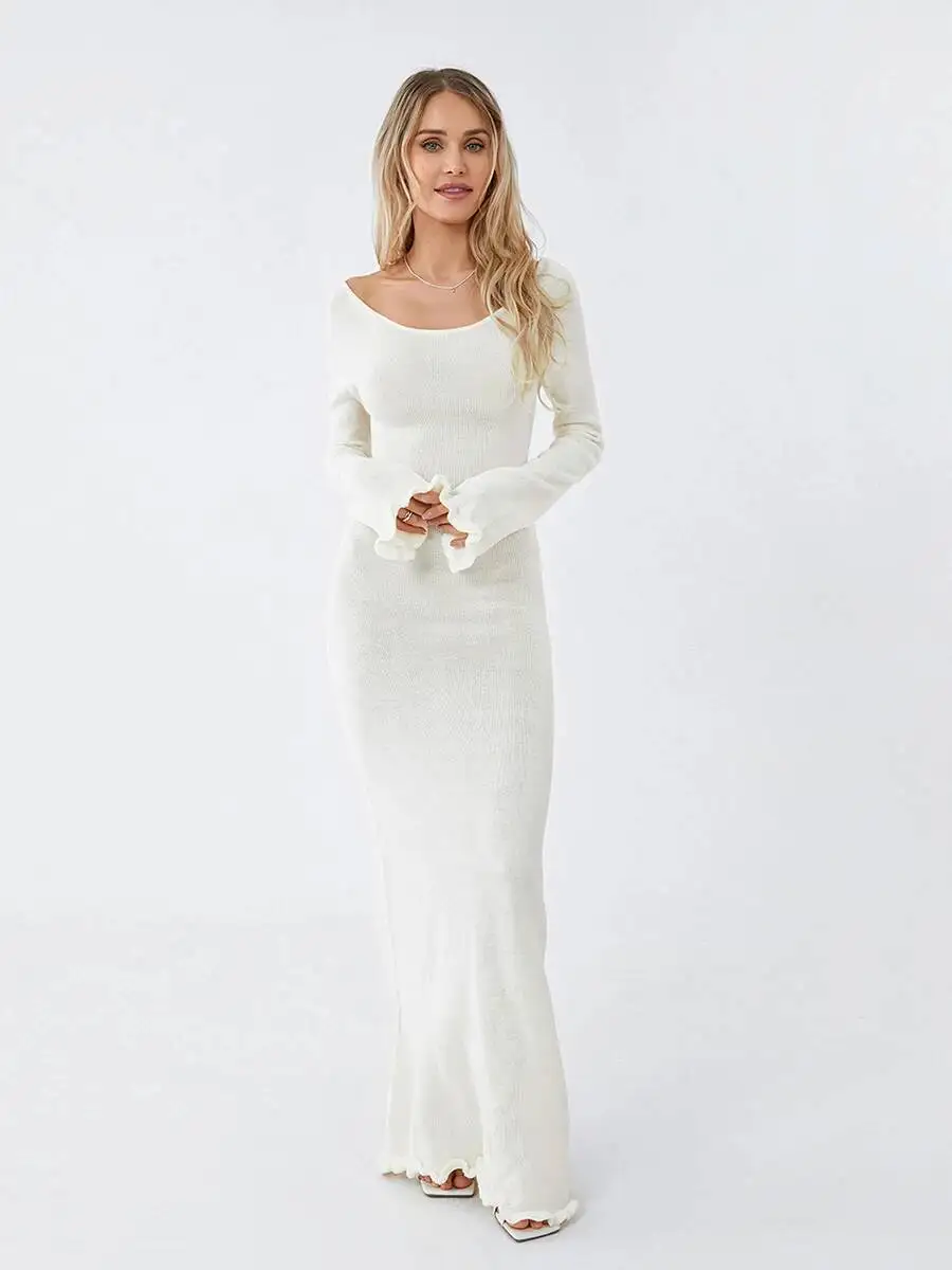 Vestido largo de punto con volantes para mujer, ropa de playa con manga ajustada y lazo, Espalda descubierta, cuello redondo, Color sólido, otoño e invierno