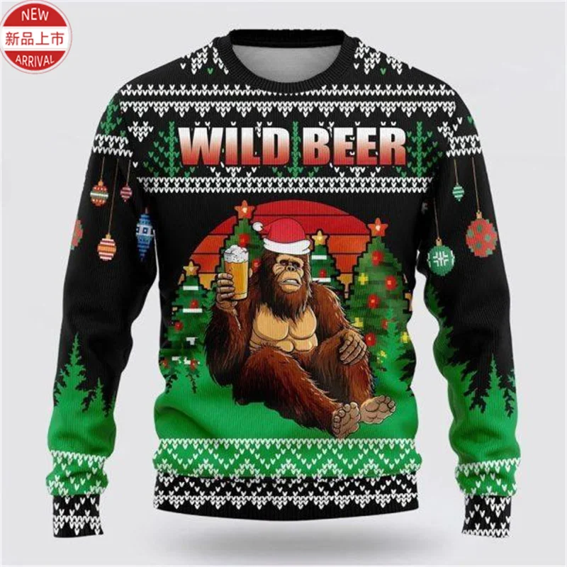 3D Happy Christmas Print Sweatshirts Bigfoot Orangutan-Ape Graphic Ugly Christmas Sweater Women New In Sweaters Mens Clothing