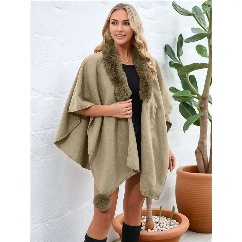 Hot Kf-cárdigan con frente abierto/cruzado para mujer, Poncho de Color sólido, capa de talla grande, envolturas de punto para Otoño e Invierno