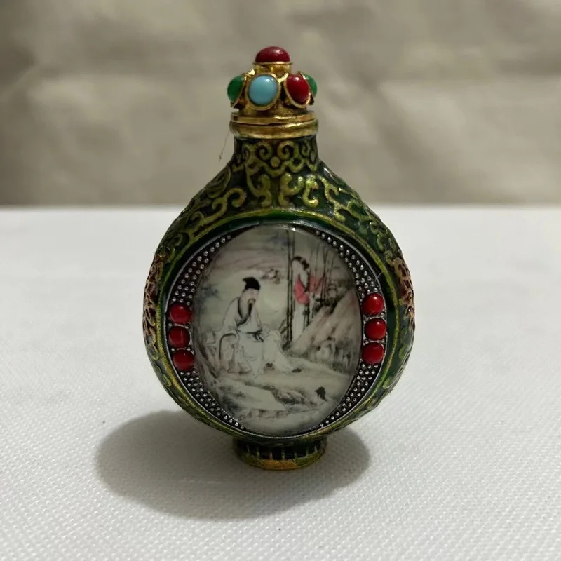Tibetan- Inlaid Turquoise Filigree Luminous , Vintage-Style Interior-Painted Snuff Bottle Ornament