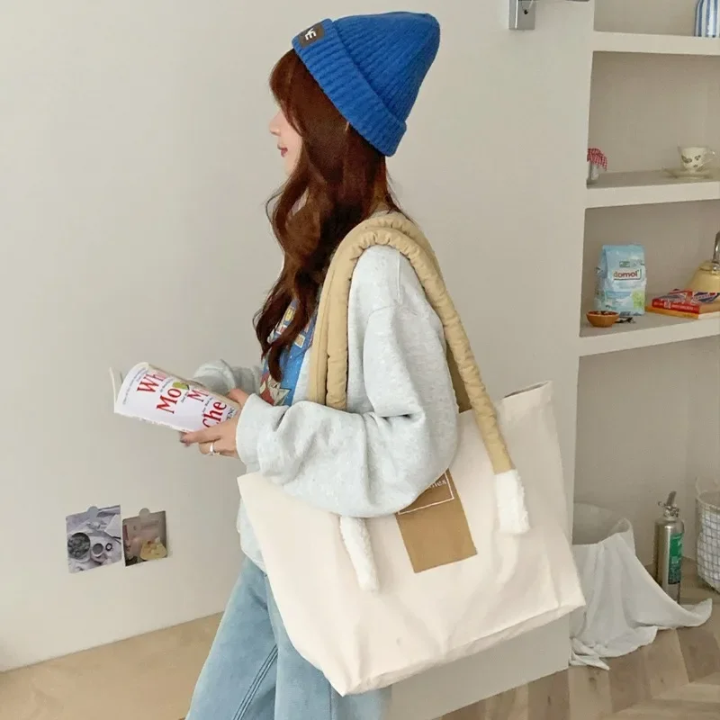 1 Piece Creative Design Simplicity Student Tote Bag Korean Fashion Beige Color Commuter Bag for Women Large Capacity Storage Bag