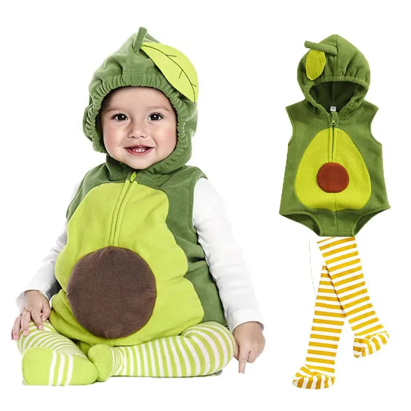

0-18M Baby Girl Boy Avocado Costume Infant Toddler Hoodie Bodysuit Short Romper Purim Halloween Fancy Dress with Stockings