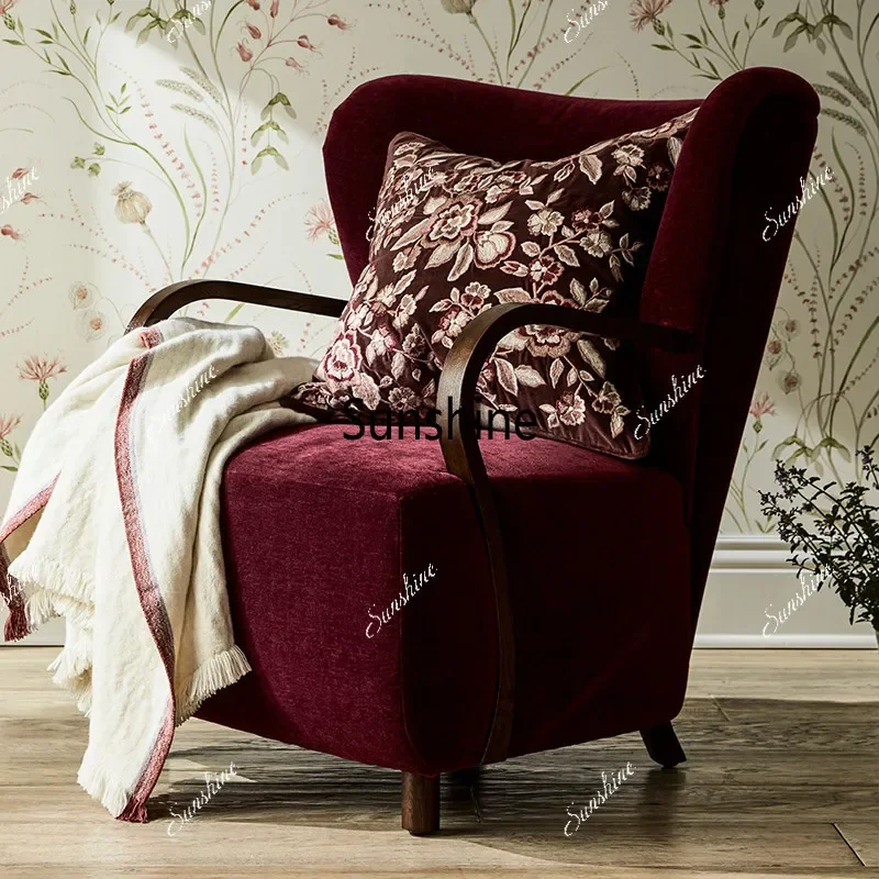 

American country single sofa retro solid wood fabric single chair