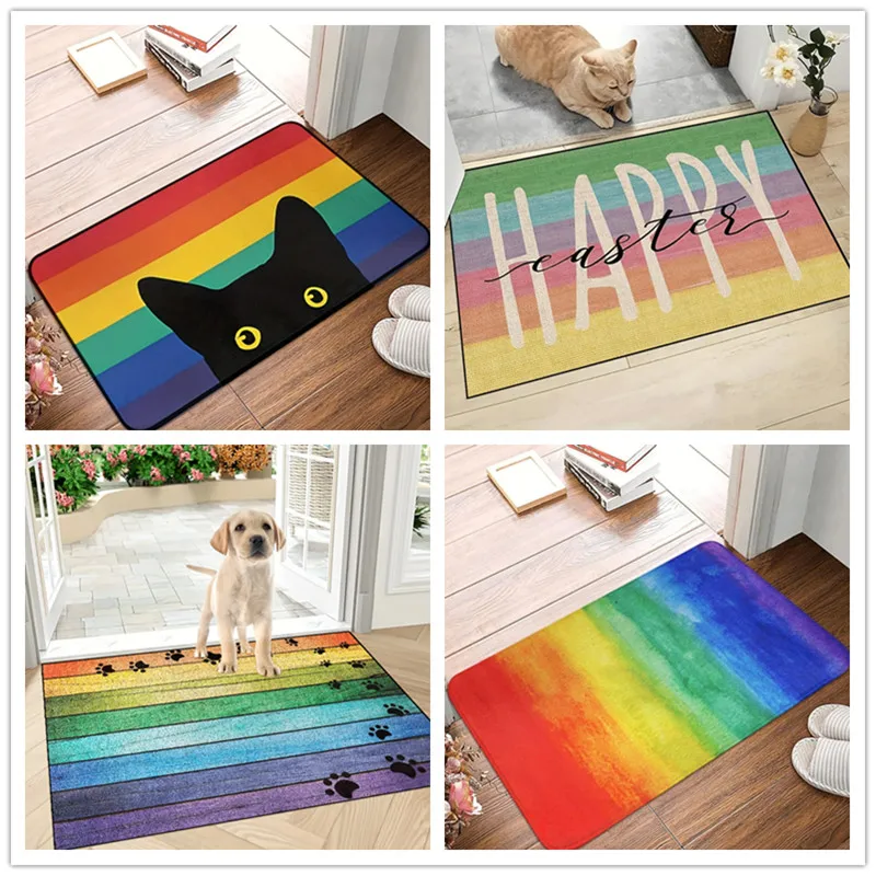 Rainbow Pattern Doormat Non Slip Indoor Outdoor Home Decore Carpet Living Room Kitchen Bathroom Cute Cat Floor Washable Rugs