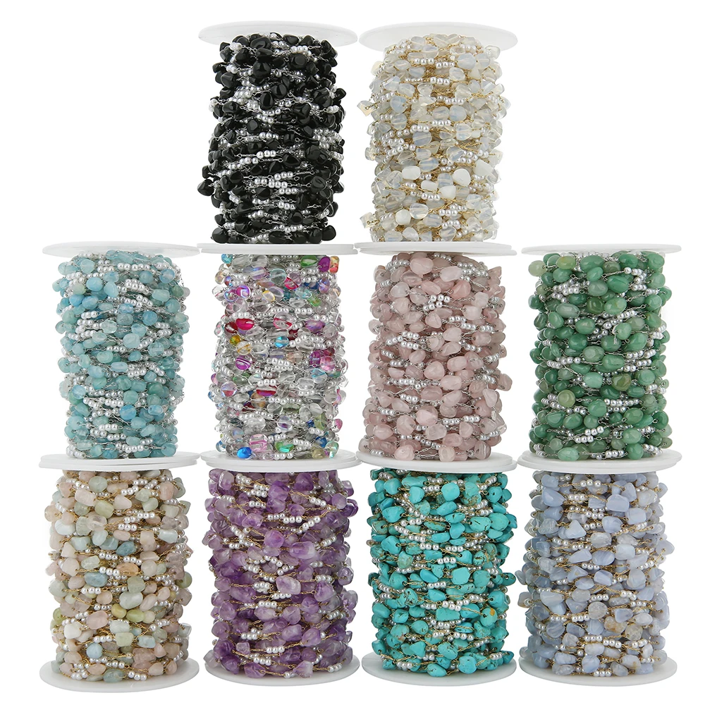 Cadenas de eslabones de acero inoxidable con cuentas de piedras preciosas de colores de 1 metro para collares de perlas DIY, suministros de fabricación de joyas