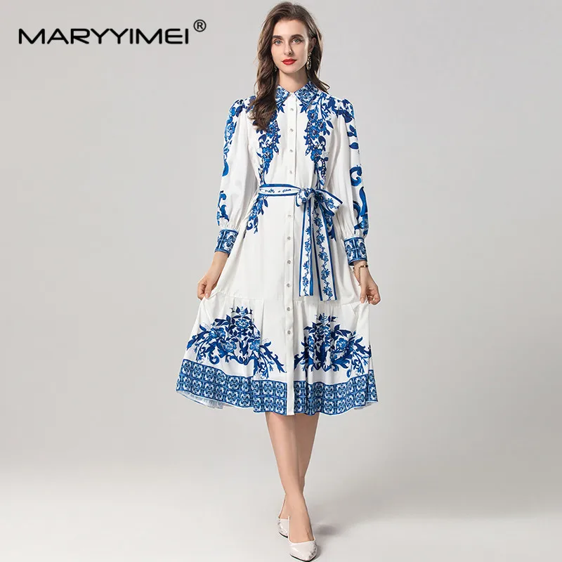 

MARYYIMEI Autumn New Style Vintage Print Design Dress Women Lantern Sleeved Single-Breasted Lace-Up Young girl Dresses