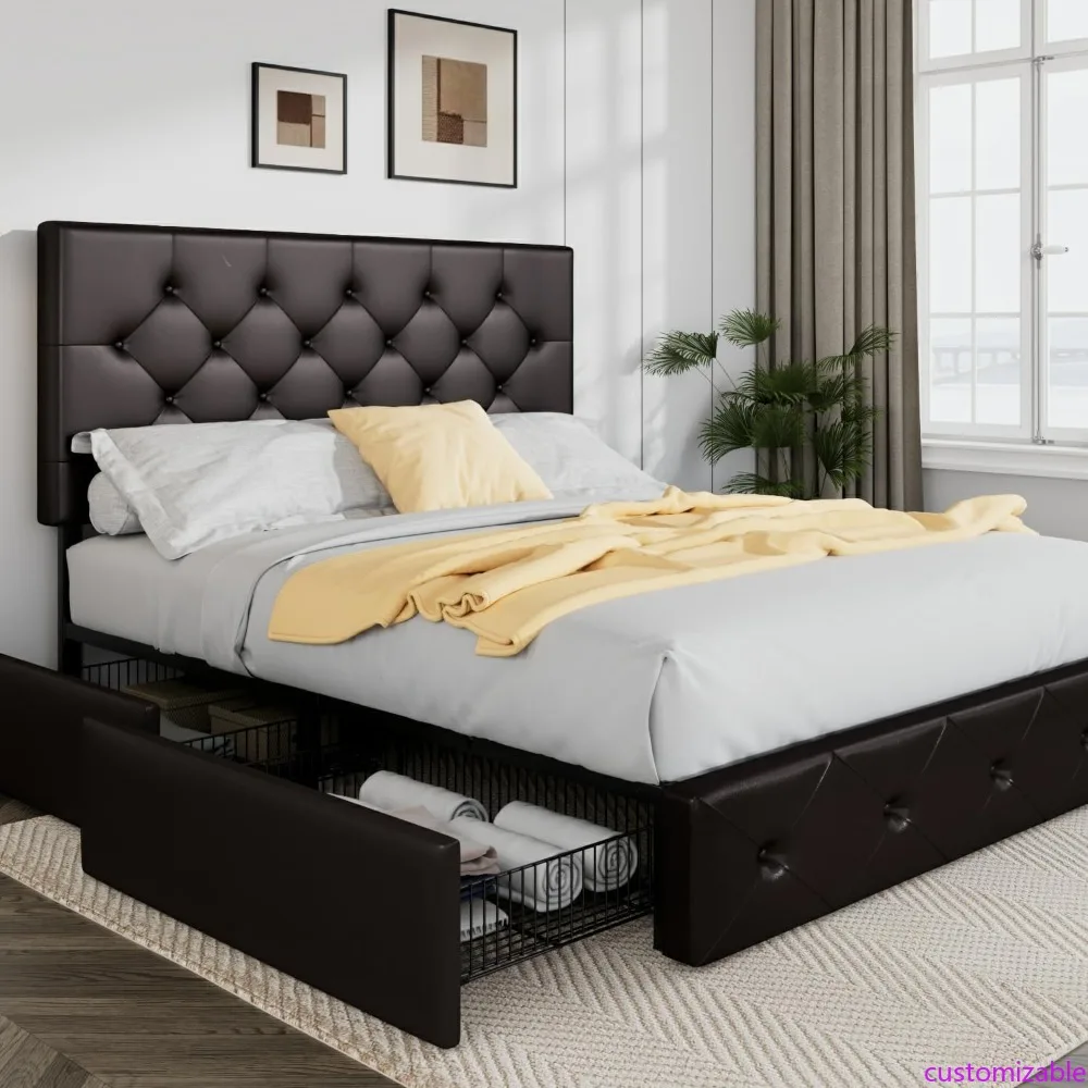 Upholstered Queen Size Platform Bed Frame with 4 Storage Drawers and Headboard, Diamond Stitched Button Tufted, Mattress Founda