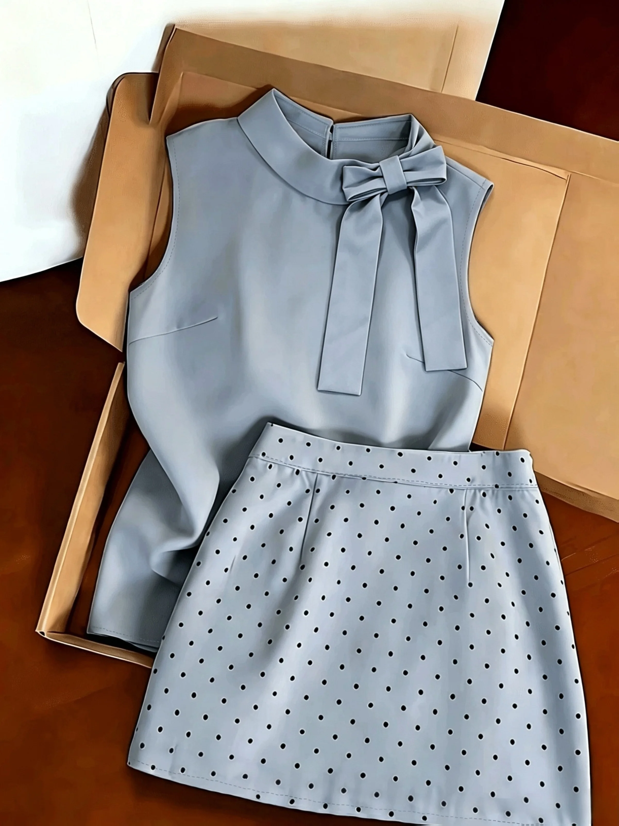 Women Bow Tie Sleeveless Blouse & Polka Dot Mini Skirt Two Piece Outfit