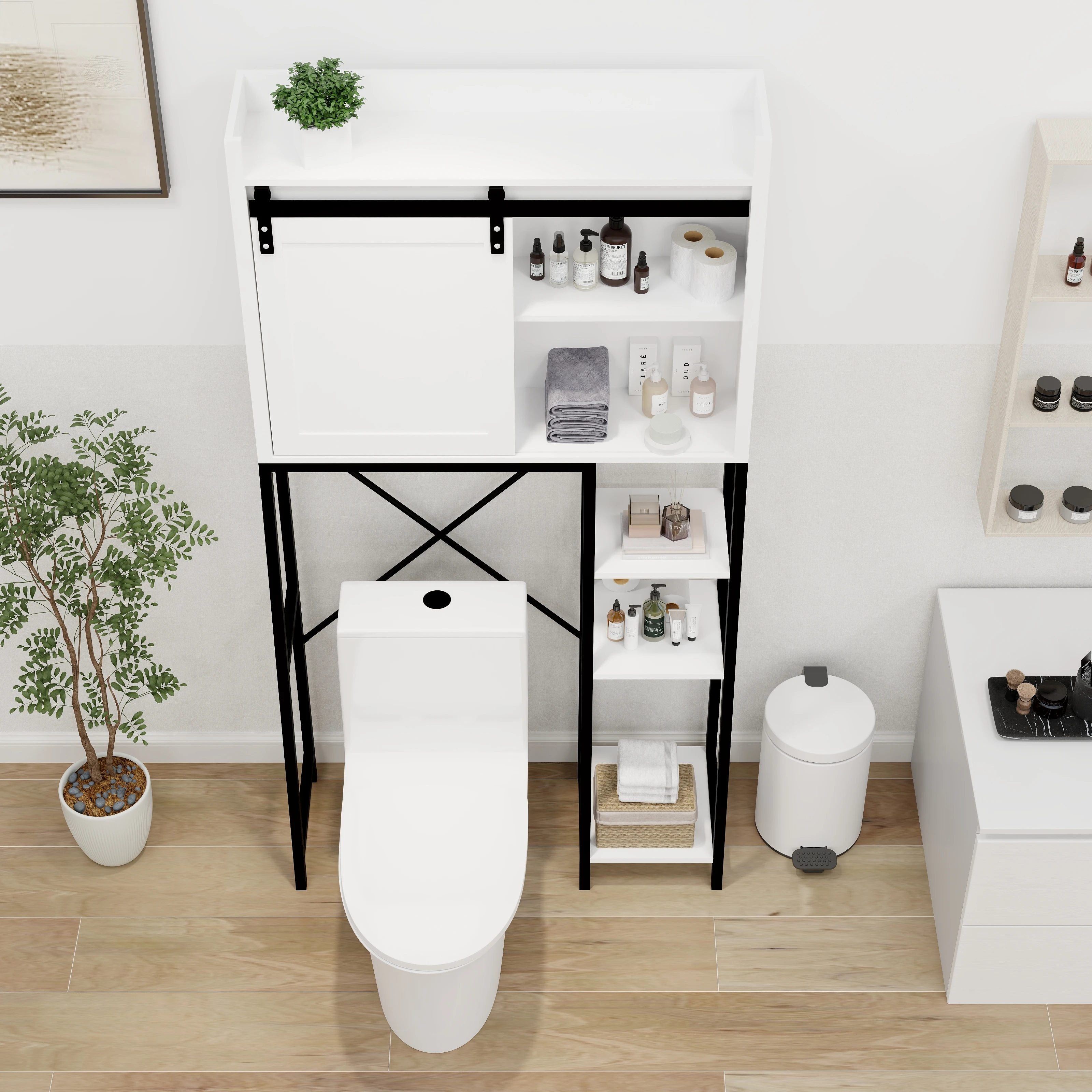 Over The Toilet Storage Cabinet Bathroom Shelves Over Toilet with Sliding Barn Door Adjustable Shelves and Side Storage Rack-