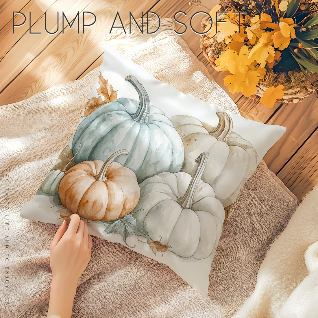 Autumn  Theme Pillow Case Pumpkin Maple Leaf Watercolor Autumn Soft Decorative Cushion, Living Room Sofa Cushion Cover 45*45cm