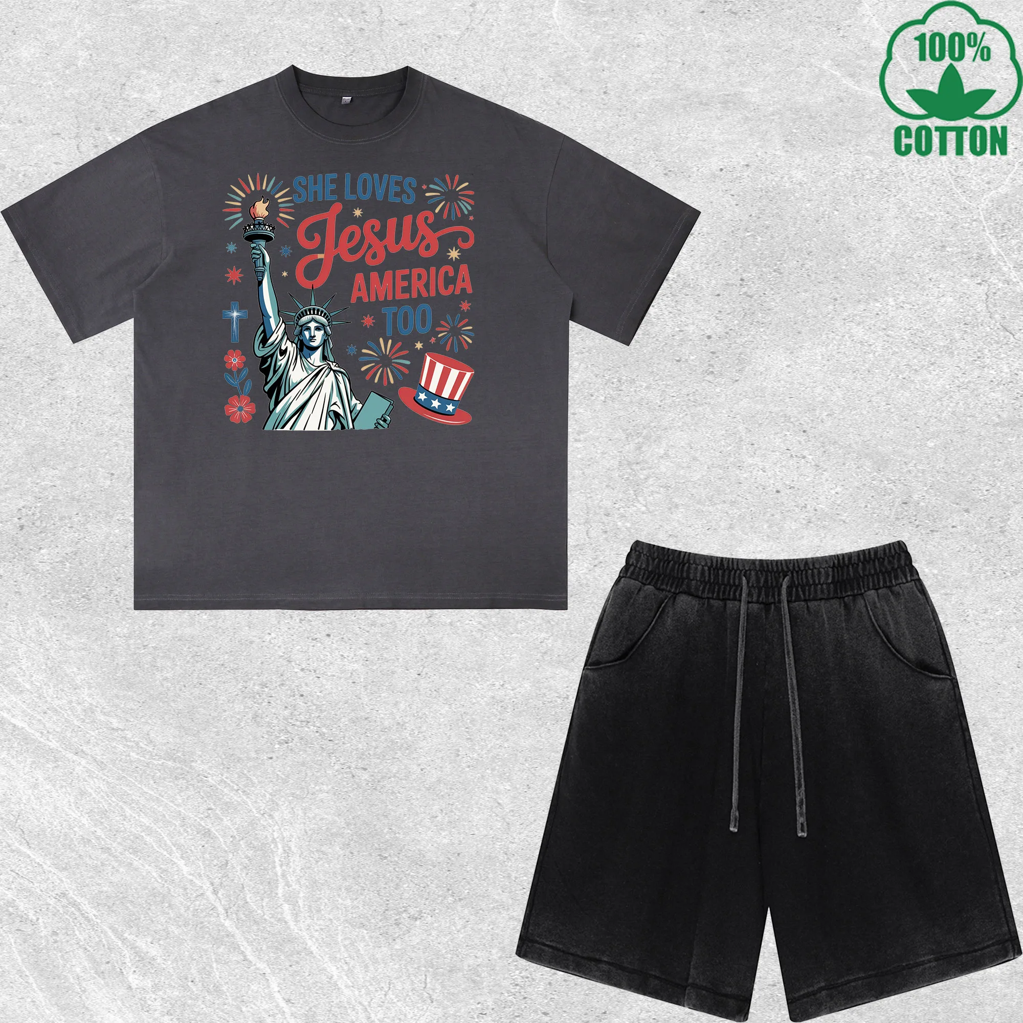 

She Loves America Printed Dirty Wash T-Shirt Shorts Set Multicolor Combo Loose Trendy 100%Cotton
