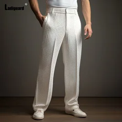 Samlona Plus Size Mens Elegant Stand Pocket Waffle Suit Pants Solid White Full-Length Trouser Men Casual Straight Suit Pants New