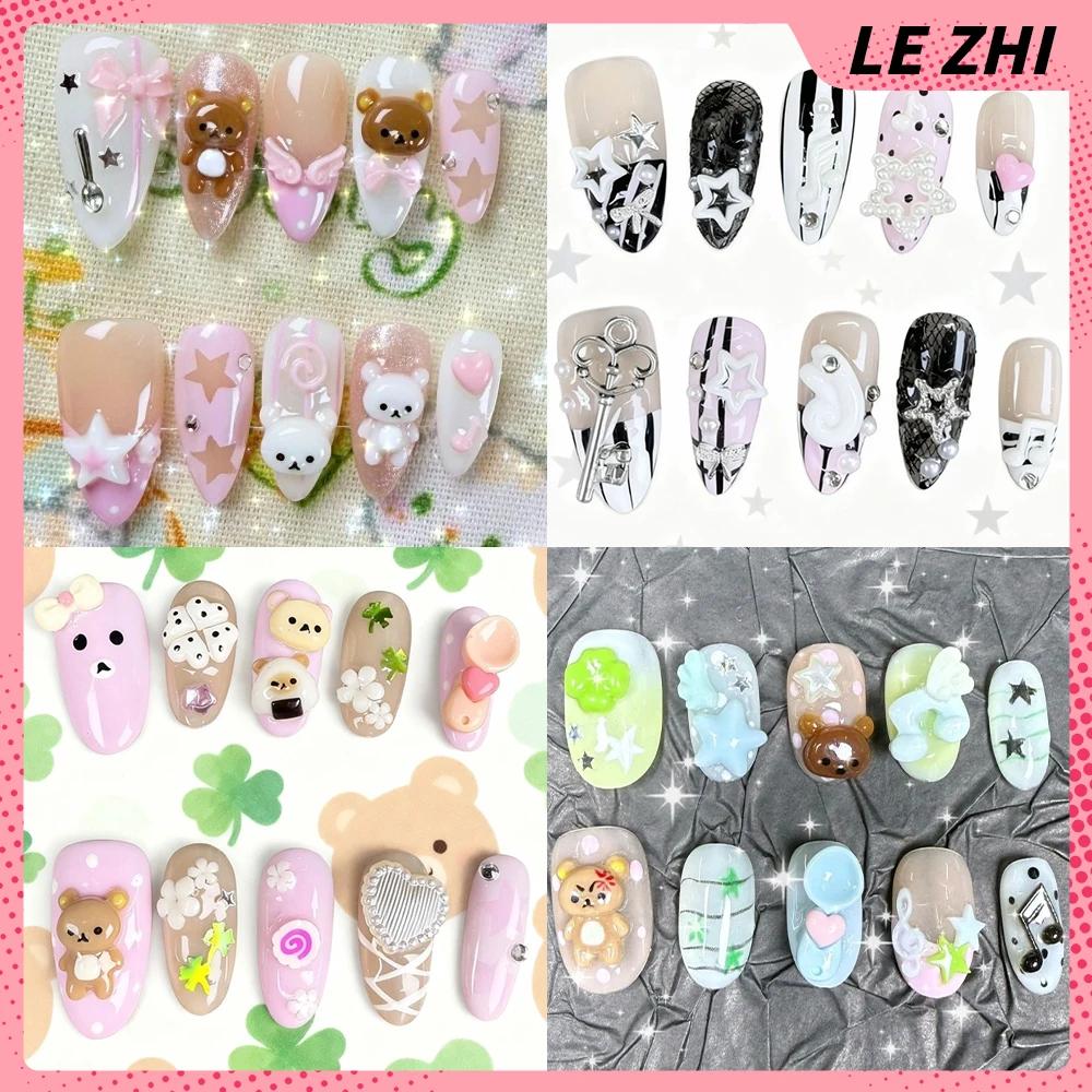 

Cartoon Lovely Rilakkuma Short Square Round Handmade Nail Party Sticker Flowers Bowknot Musical Notes Wings Pearl Press On Nails