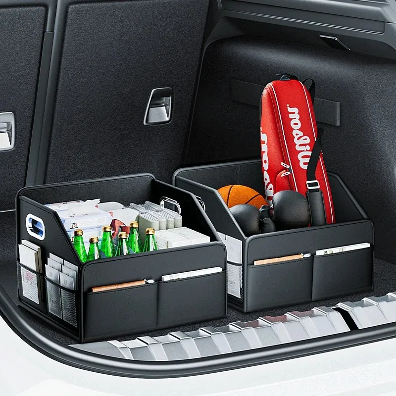 Car Trunk Organizer Storage Box PU Leather Vehicle Folding Collapsible Cargo Boot Organiser Box For MPV Auto Seat Back Box