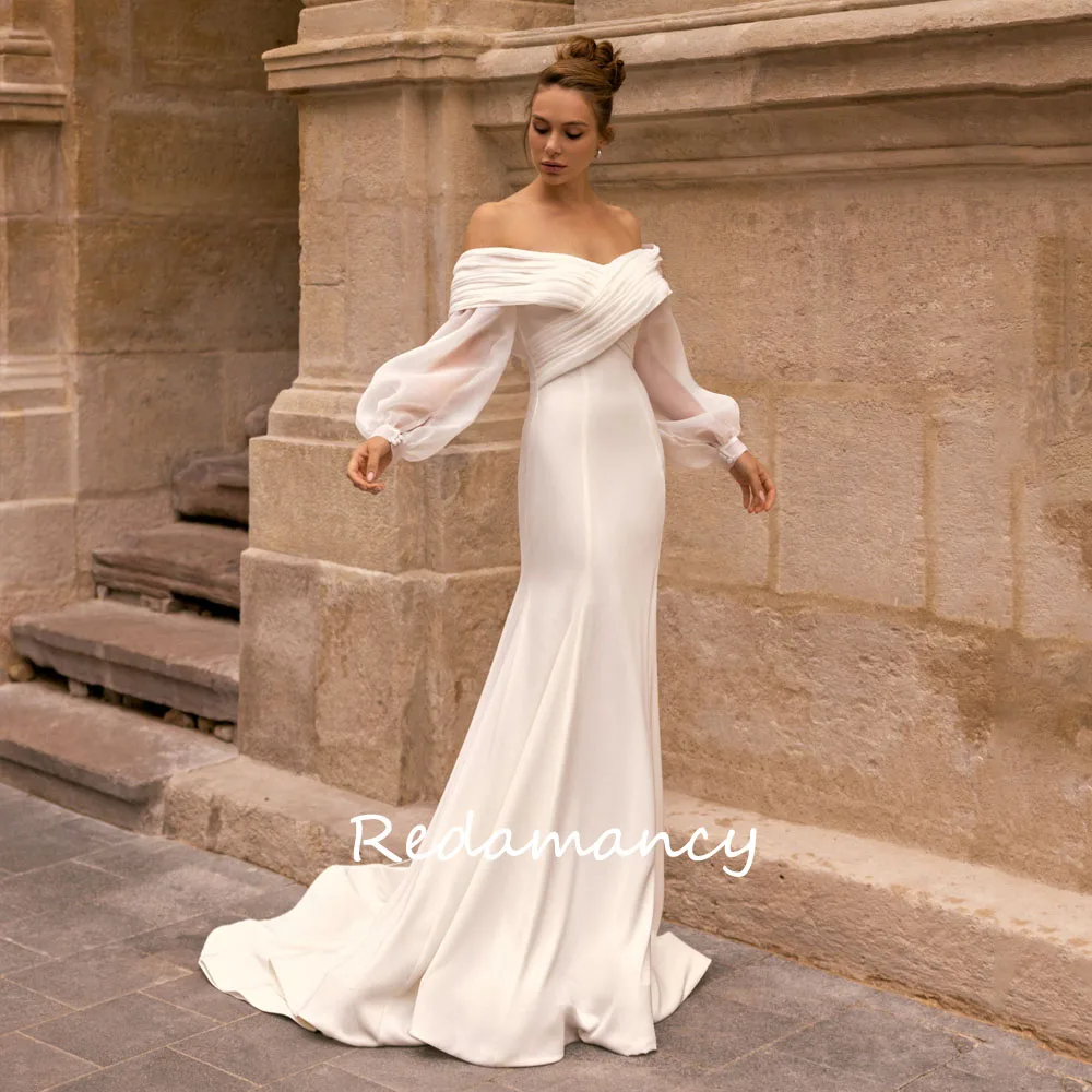 

Redamancy Elegant V-neck Wedding Dress Chiffon and Satin Mermaid Open Back Zipper Bridal Gowns Sweep Train Vestidos De Novia