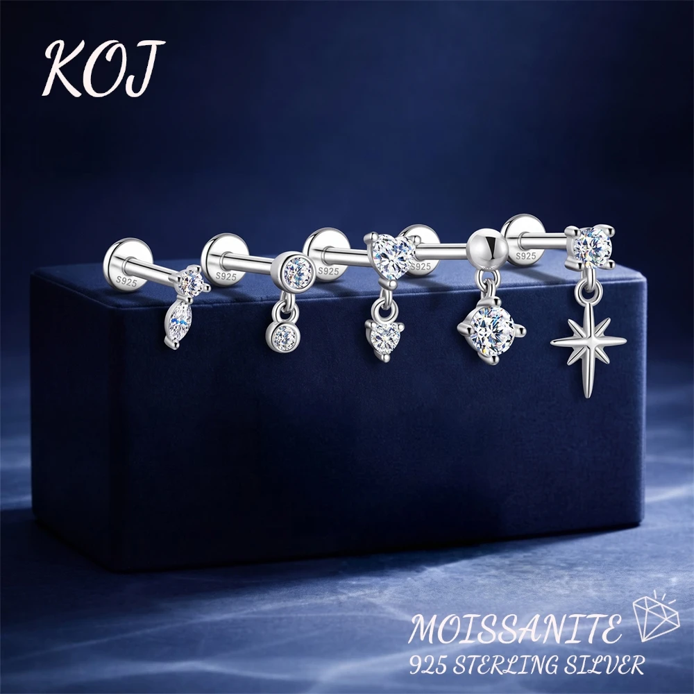 KOJ 1PC 925 Sterling Silver Moissanite Star Heart Marquise Dangle Cartilage Stud Earring Dainty Women Fine Jewelry For Party