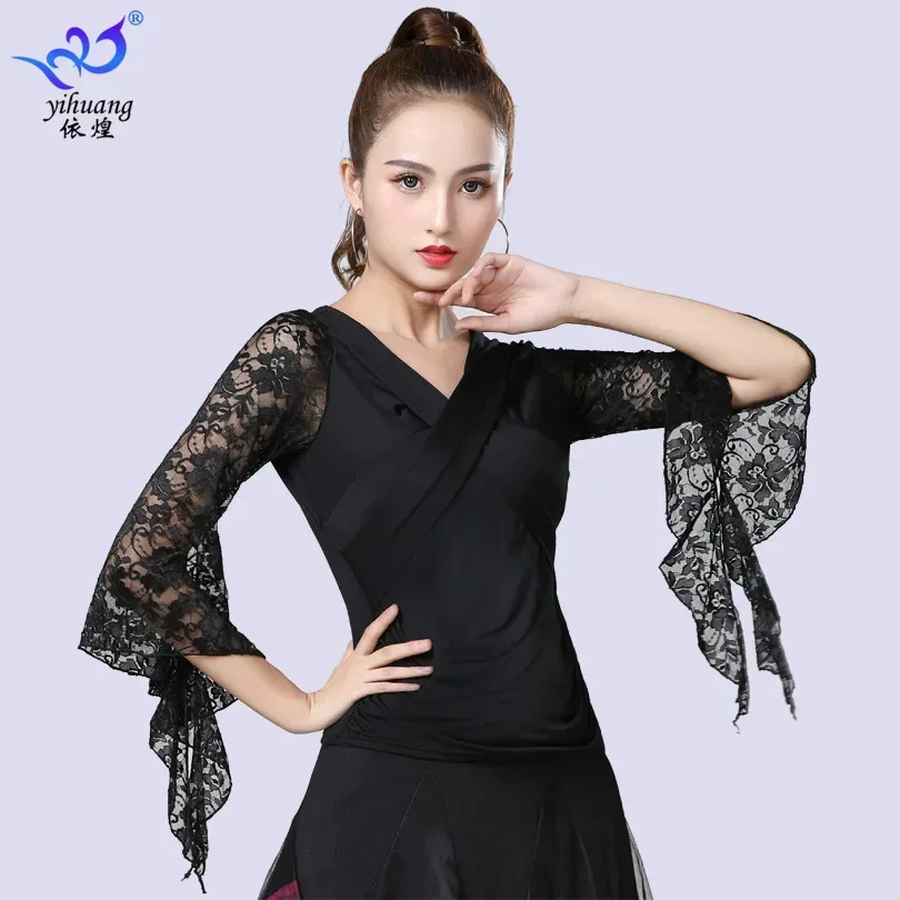 

1pcs/lot woman ballroom dancing top lady lace sleeve waltz latin dancing blouse