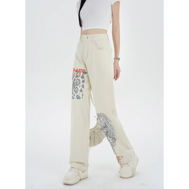 

Beige Jeans Women Printing Hip Hop High Waist Pants American Wide Leg Pants Y2K Fashion Vintage Female Autumn Straight Trousers