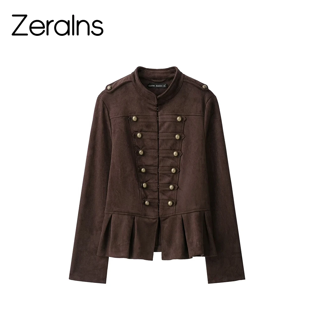 ZERAINS 2026 autumn stand up collar pirate lord nine cent skirt suede texture Napoleon short jacket for women
